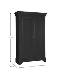 Armario de madera de pino Isabel, 2 puertas, Estructura: madera de pino, pintada, Negro, An 118 x Al 191 cm