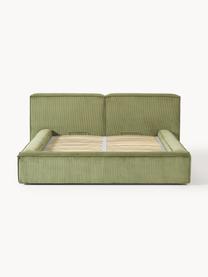 Cama tapizada en pana Lennon, con espacio de almacenamiento, Tapizado: pana (98% poliéster, 2% p, Estructura: madera de pino maciza, ma, Patas: madera, plástico Este pro, Pana verde oliva, An 228 x L 243 cm (colchón 160 x 200 cm)