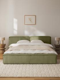 Gestoffeerd bed Lennon van corduroy met opbergfunctie, Bekleding: corduroy (98% polyester, , Frame: massief grenenhout, multi, Poten: hout, kunststof Dit produ, Corduroy olijfgroen, B 228 x L 243 cm (ligvlak 160 x 200 cm)