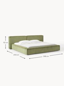 Čalouněná postel z manšestru s úložným prostorem Lennon, Olivově zelená, Š 228 cm, D 243 cm (plocha k ležení 160 cm x 200 cm)