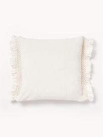 Housse de coussin 45x45 en coton à franges Piera, 100 % coton, Blanc crème, larg. 45 x long. 45 cm