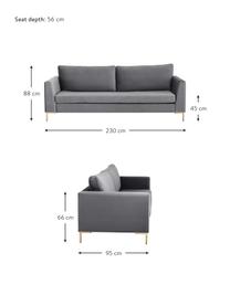 Sofa z aksamitu z metalowymi nogami Luna (3-osobowa), Tapicerka: aksamit (poliester) Dzięk, Nogi: metal galwanizowany, Ciemnoszary aksamit, złoty, S 230 x G 95 cm