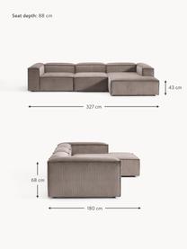 Sofá rinconera modular de pana Lennon, Tapizado: pana (92% poliéster, 8% p, Estructura: madera de pino maciza, ma, Patas: plástico Este producto es, Pana gris pardo, An 327 x F 180 cm, chaise longue izquierda