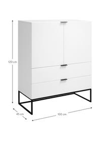 Weisses Highboard Kobe mit Türen, Korpus: Weiss, matt Gestell und Griffe: Schwarz, matt, 100 x 120 cm