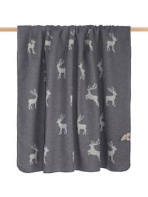 Plaid gris motif cerf Silvretta, 85 % coton, 8 % viscose, 7 % polyacrylique, Gris, larg. 140 x long. 200 cm