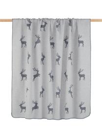 Plaid gris motif cerf Silvretta, 85 % coton, 8 % viscose, 7 % polyacrylique, Gris, larg. 140 x long. 200 cm