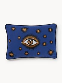 Handbestickte Baumwoll-Kissenhülle Eye, 100 % Baumwolle, Royalblau, Beige, B 40 x L 60 cm