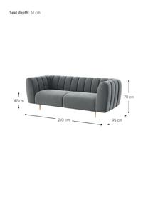 Sofá de terciopelo Shel (3 plazas), Tapizado: 100% terciopelo de poliés, Asiento: muelles ondulados, espuma, Estructura: madera dura, madera bland, Patas: metal recubierto, Terciopelo gris oscuro, patas latón, An 210 x F 95 cm