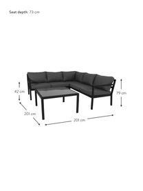 Loungeset Joliette, 2-delig, Frame: gepoedercoat aluminium, Bekleding: Olefin, Frame: aluminium, Tafelblad: glas, Zwart, donkergrijs, Set met verschillende formaten