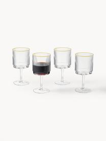 Copas de vino artesanales con relieve Minna, 4 uds., Vidrio soplado artesanalmente, Transparente con borde dorado, Ø 8 x Al 17 cm, 300 ml