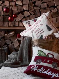 Kissenhülle Happy Holidays mit feinen bestickten Details, 100% Baumwolle, Beige, Rot, Grün, B 45 x L 45 cm
