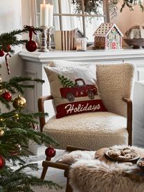 Kussenhoes Happy Holidays met fijne geborduurde details, 100% katoen, Beige, rood, groen, B 45 x L 45 cm