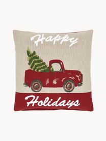Kussenhoes Happy Holidays met fijne geborduurde details, 100% katoen, Beige, rood, groen, B 45 x L 45 cm