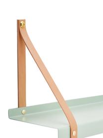 Metalen wandplank Shelfie met leren riemen, Plank: gepoedercoat metaal, Riemen: leer, Mintgroen, bruin, 50 x 23 cm