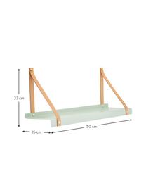 Metalen wandplank Shelfie met leren riemen, Plank: gepoedercoat metaal, Riemen: leer, Mintgroen, bruin, 50 x 23 cm