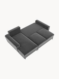 Sofá rinconera cama de terciopelo Moghan (3 plazas), con espacio de almacenamiento, Tapizado: terciopelo de poliéster A, Estructura: madera de pino maciza, ma, Patas: metal pintado, Terciopelo gris, patas negro, An 241 x F 145 cm, chaise longue izquierda