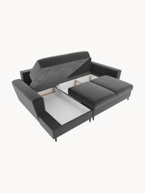 Sofá rinconera cama de terciopelo Moghan (3 plazas), con espacio de almacenamiento, Tapizado: terciopelo de poliéster A, Estructura: madera de pino maciza, ma, Patas: metal pintado, Terciopelo gris, patas negro, An 241 x F 145 cm, chaise longue izquierda