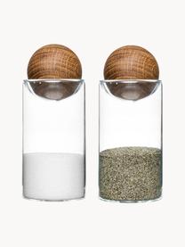 Mondgeblazen zout- en peperstrooier Nature met houten deksel, set van 2, Houder: mondgeblazen glas, Sluiting: eikenhout, Transparant, donker hout, Ø 5 x H 12 cm