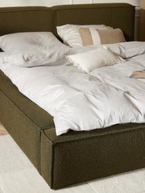 Čalouněná bouclé postel s úložným prostorem Lennon, Olivově zelená, Š 208 cm, D 243 cm (plocha k ležení 140 cm x 200 cm)