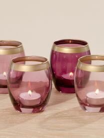Waxinelichthoudersset Jolina, 4-delig, Gelakt glas, Windlichten: violettinten, transparent. Rand: goudkleurig, Ø 8 x H 9 cm