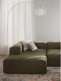 Modulo angolare chaise longue in bouclé Lennon, Rivestimento: bouclé (100% poliestere) , Struttura: legno di pino massiccio, , Piedini: plastica Questo prodotto , Bouclé verde oliva, Larg. 119 x Prof. 180 cm, angolo a destra