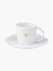 Taza espresso con platitos de porcelana Heart, Porcelana esmaltado, Blanco, dorado, Ø 6 x Al 5 cm, 80 ml