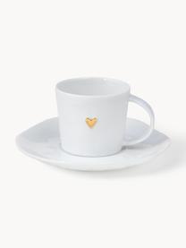 Espressotasse Heart mit Untertasse aus Porzellan, Porzellan, glasiert, Weiss, Goldfarben, Ø 6 x H 5 cm, 80 ml