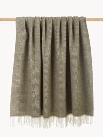 Couverture en laine avec motif à chevrons et franges Tirol-Mona, Vert olive, larg. 140 x long. 200 cm