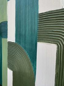 Handbeschilderde canvasdoek Green Lines, Groentinten, gebroken wit, B 100 x H 100 cm