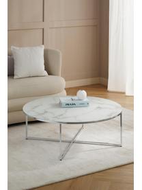 Table basse ronde XL avec plateau en verre aspect marbre Antigua, Blanc aspect marbre, gris chrome, Ø 100 cm