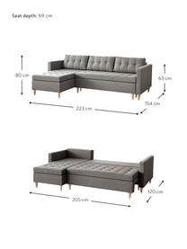 Sofá rinconera cama Fandy, plegable, Tapizado: poliéster Alta resistenci, Estructura: madera maciza, aglomerado, Patas: madera de haya, Tejido gris claro, An 223 x F 69 cm, chaise longue izquierda