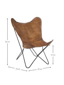 Butterfly fauteuil Brady van leer, Zitvlak: geitenleer, Frame: gelakt metaal, Bruin, B 67 x D 73 cm