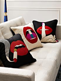 Ručne vyrobený vlnený vankúš Lips Hush, Čierna, červená, biela, Š 45 x D 45 cm