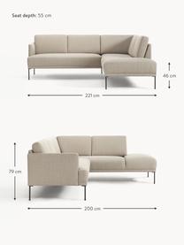 Divano angolare Fluente, Rivestimento: 100% poliestere Con 35.00, Struttura: legno di pino massiccio, Piedini: metallo verniciato a polv, Tessuto beige, Larg. 221 x Prof. 200 cm, chaise longue a destra