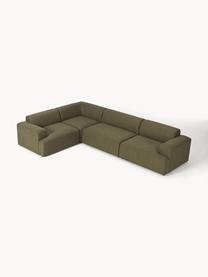 Grand canapé d'angle 4 places Melva, Tissu vert olive, larg. 339 x prof. 220 cm, dossier à droite