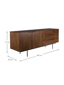 Sideboard Travis mit Nussbaumfurnier im Retro Design, Korpus: Mitteldichte Holzfaserpla, Korpus: Walnussbraun Griffe, Rahmen und Füsse: Schwarz, B 180 x H 71 cm