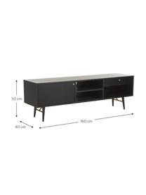 Zwart tv-meubel Verona, Frame: gelakt MDF met eikenhoutf, Poten: gepoedercoat metaal, Zwart, B 160 x H 50 cm