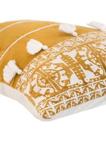 Funda de cojín bordada con borlas Neo Berbère, 50% poliéster, 50% algodón, Amarillo, blanco, An 30 x L 50 cm