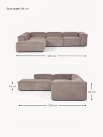 Modulares XL-Ecksofa Lennon aus Cord, Bezug: Cord (92 % Polyester, 8 %, Gestell: Massives Kiefernholz, Spe, Füße: Kunststoff Dieses Produkt, Cord Taupe, B 329 x T 269 cm, Eckteil links