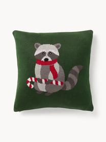 Housse de coussin en coton avec motif hivernal Buddy, 100 % coton, Vert foncé, multicolore, larg. 45 x long. 45 cm