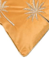 Geborduurde fluwelen kussenhoes Palms met bies, 100% fluweel (polyester), Oranje-geel, goudkleurig, 45 x 45 cm