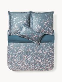 Funda nórdica de satén con estampado floral Sakura, Azul, rosa claro, blanco, Cama 180/200 cm (260 x 240 cm)