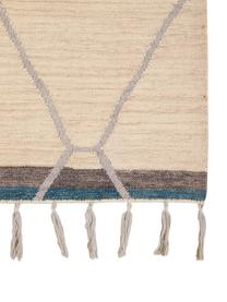 Wollen vloerkleed Jazmin met franjes en patroon, 80% wol, 20% katoen, Beige, grijs, blauw, B 160 x L 220 cm (maat M)