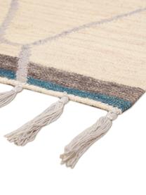 Wollen vloerkleed Jazmin met franjes en patroon, 80% wol, 20% katoen, Beige, grijs, blauw, B 160 x L 220 cm (maat M)