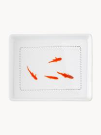 Beurrier poisson, Porcelaine, Couvercle : blanc Soucoupe : blanc, orange, noir, larg. 14 x haut. 6 cm