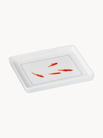 Beurrier poisson, Porcelaine, Couvercle : blanc Soucoupe : blanc, orange, noir, larg. 14 x haut. 6 cm