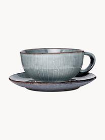 Handgemachte Tasse mit Untertasse Nordic Sea, Steingut, Graublau, gesprenkelt, Ø 11 x H 5 cm, 250 ml