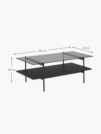 Mesa de centro Valentina, tablero de vidrio, Tablero: vidrio, Estante: tablero de fibra de densi, Estructura: metal con pintura en polv, Madera de fresno pintado en negro, An 100 x F 53 cm