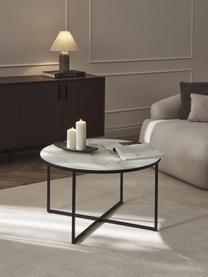 Tavolino rotondo da salotto con piano in vetro effetto marmo Antigua, Struttura: acciaio verniciato a polv, Bianco effetto marmo. nero opaco, Ø 80 cm