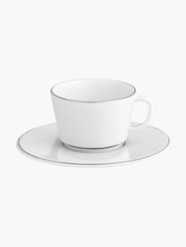 Handgefertigte XS Porzellan-Kaffeetassen Vitruv mit Untertassen und handgemaltem Platinrand, 2 Stück, Porzellan, Weiß mit Platinrand, Ø 12 x H 8 cm, 150 ml